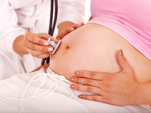 Pregnant woman with doctor . Isolated.