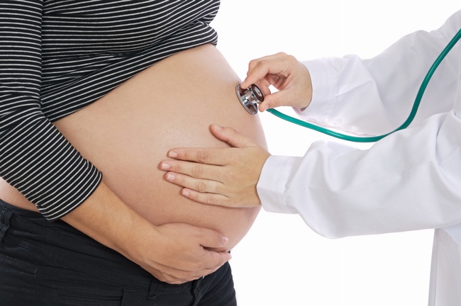 Pregnant examined by a doctor a over white background