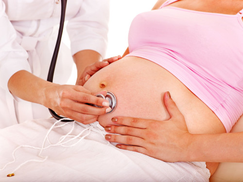 Pregnant woman with doctor . Isolated.